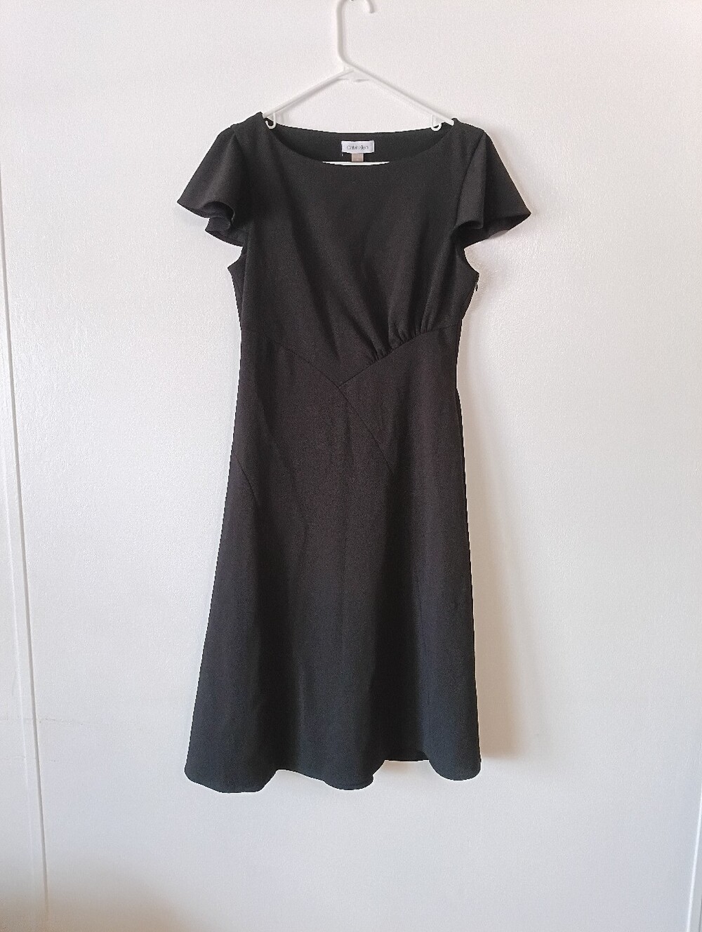 CALVIN KLEIN Black Fit & Flare Crepe Dress Ruched Side Chest Sz 10